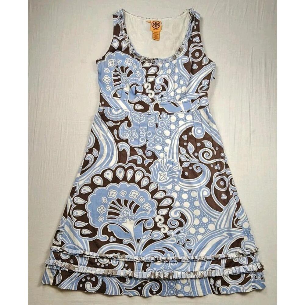 Tory Burch Blue, Brown & White Floral-Scroll Sleeveless Mini Dress